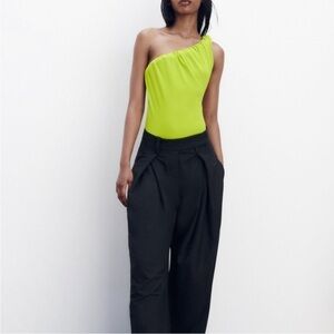 Zara Draped Asymmetrical Bright Green Bodysuit Size Small